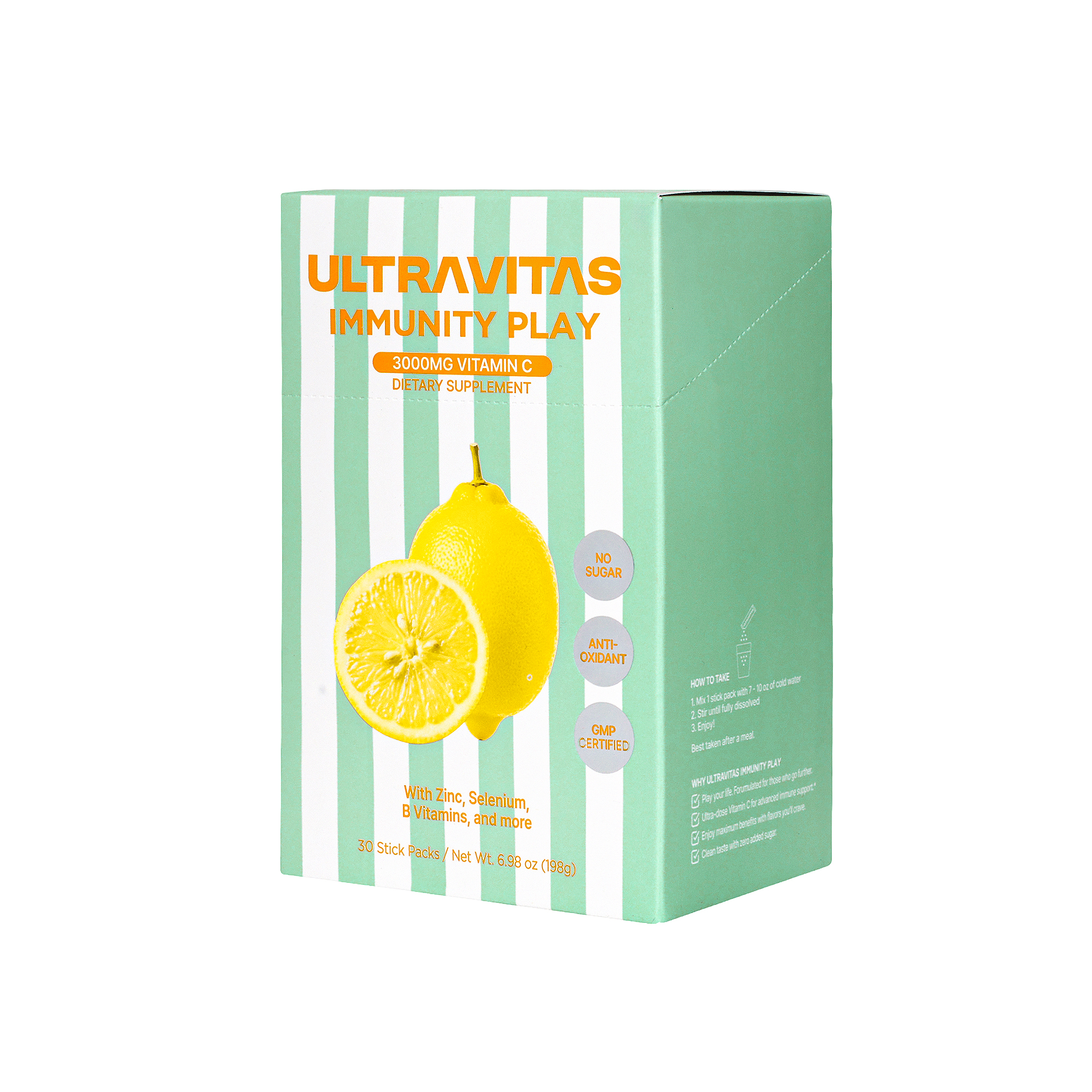 UltraVitas Immunity Play (Lemon) — Lemon flavored ultra-dose vitamin C powder stick pack box