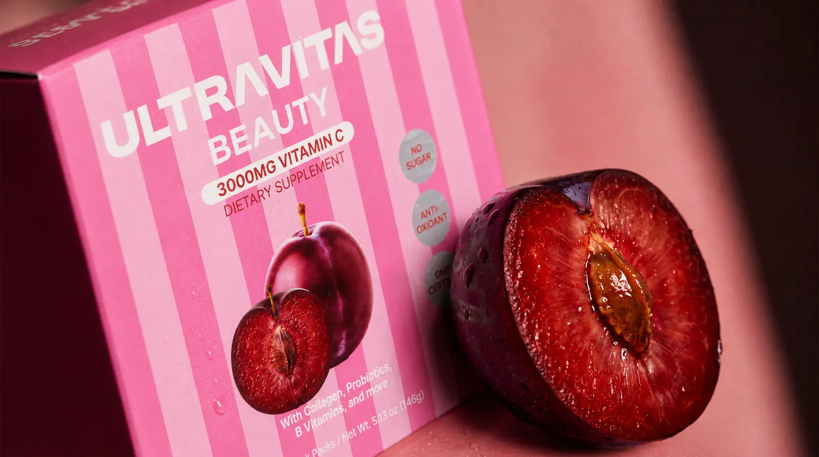UltraVitas Beauty Korean plum ultra-dose vitamin C with collagen supplement beside a fresh Korean plum.